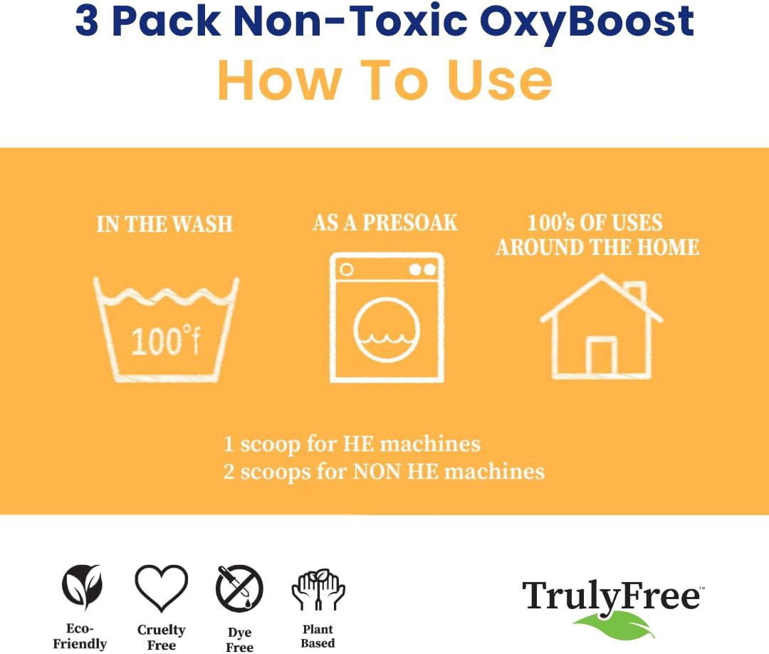 Truly Free OxyBoost - Oxygen Whitener & Clothes Stain Remover Laundry Detergent Powder with Sodium Percarbonate - Brightens Whites & Safe for Colors - Non-Chlorine, Gentle Yet Powerful - Pack of 3