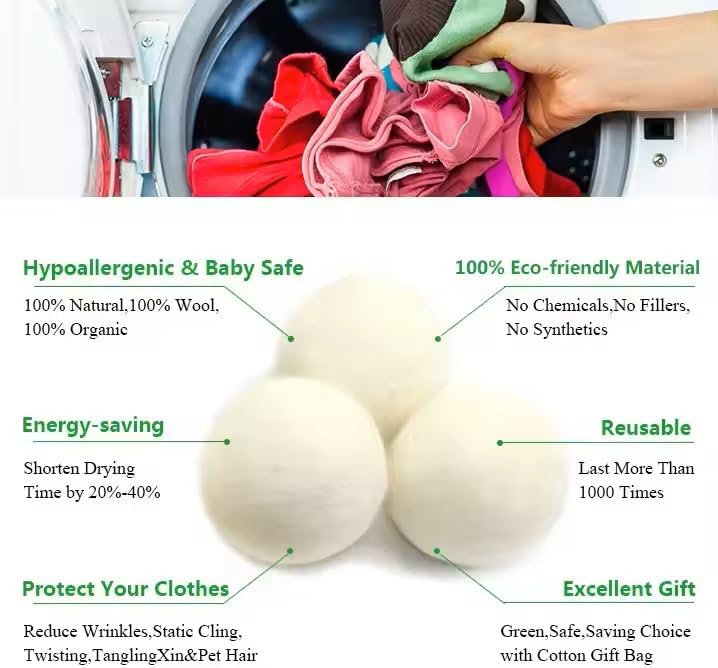 Organic Wool Dryer Balls: Eco-Friendly & Chemical-Free | Our Anti-Entanglement Reusable Balls Eliminate Wrinkle Static | 6-Pack XL Dryer Balls for Laundry is Made with New Zealand Wool (MER-White)