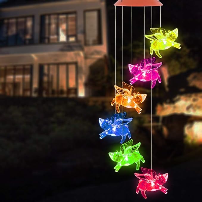 ME9UE Solar Fly Pigs Wind Chimes, Outdoor Waterproof Mobile Romantic LED Multi Color-Changing Solar Sensor Powered Lights for Home, Yard, Night Garden, Party, Valentines Gift, Festival Decor