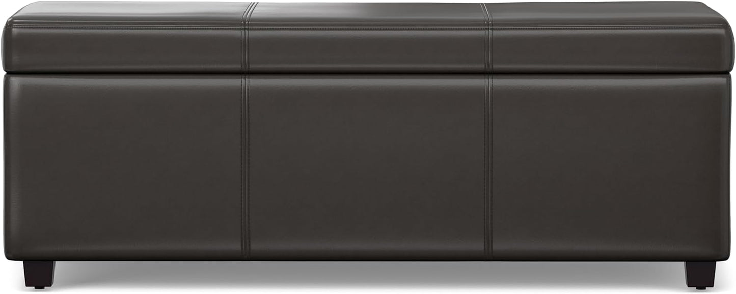 SIMPLIHOME Avalon 44 inch Wide Contemporary Rectangle Lift Top Rectangular Storage Ottoman in Tanners Brown Vegan Faux Leather, Assembled, for the Living Room, Entryway and Family Room.