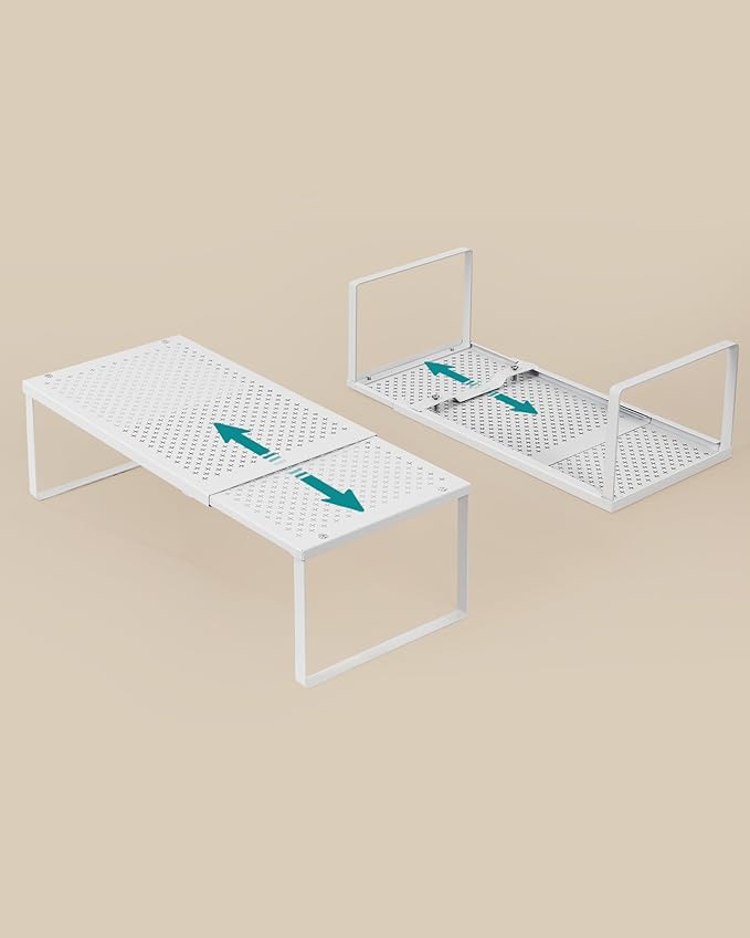 SONGMICS Spice Rack, Expandable Kitchen Countertop Shelf, Small Cupboard Organizer, Metal, Space-Saving Tabletop Shelf, Matte White UKCS007W01