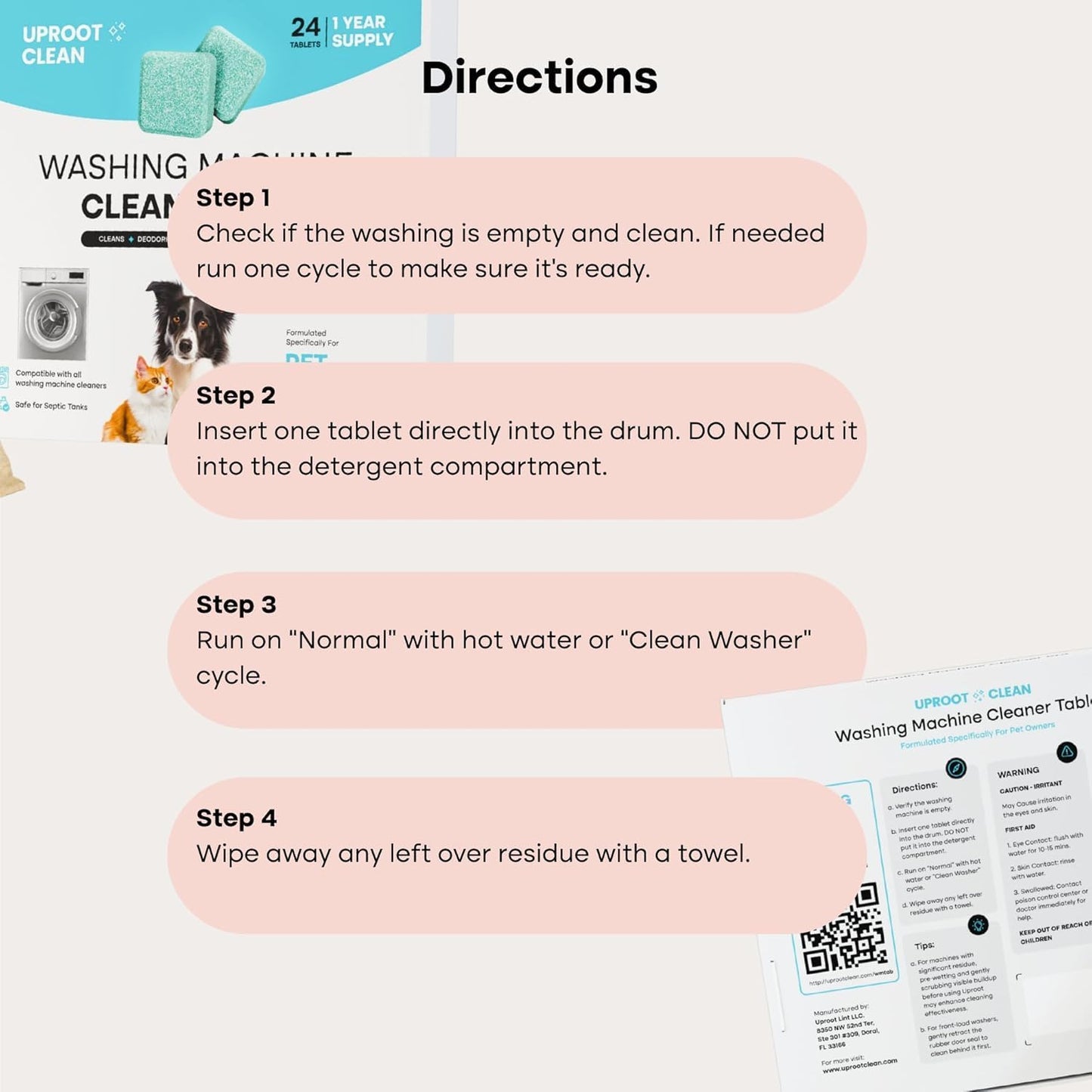 Uproot Clean Washing Machine Cleaner Tablets - 24 Pack for a 12 Month Supply. Formulated for Pet Owners. Compatible with HE, Top & Front Load. Easily Removes Residue, Grime, and Odors. Septic Safe.