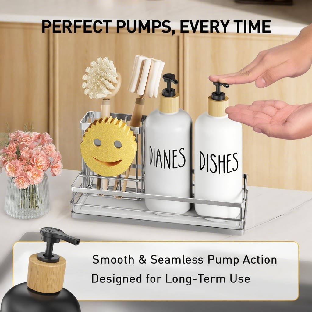 Moforoco Kitchen Dish Soap Dispenser Set, 16OZ Glass Bottle, Hand and Dish Soap Dispenser Set, Instant Dry Tray, Non-Slip Silicone Pad, Brush Holder with Sponge Holder, Kitchen Decor(White Bottle)