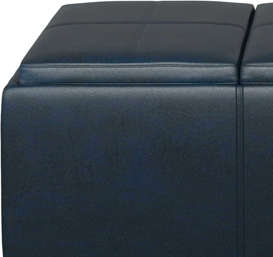 SIMPLIHOME Avalon 42 inch Wide Contemporary Rectangle Storage Ottoman in Distressed Dark Blue Vegan Faux Leather, Assembled, for the Living Room, Entryway and Family Room