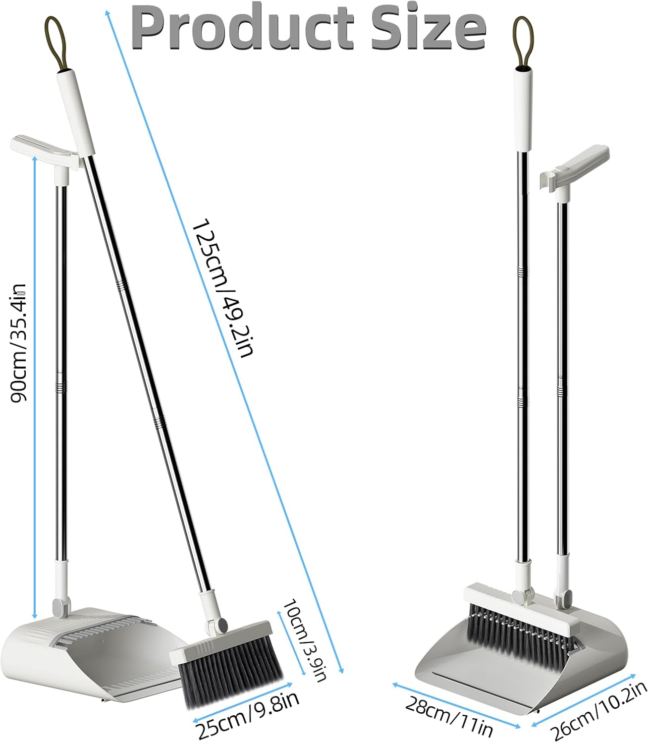 Upgrade Broom with Dustpan Combo Set, Broom and Dustpan Set with Adjustable Handle,Self-Cleaning Dustpans Teeth for Home Kitchen Office Hall Floor,ZeroGap Lip (White&Grey)