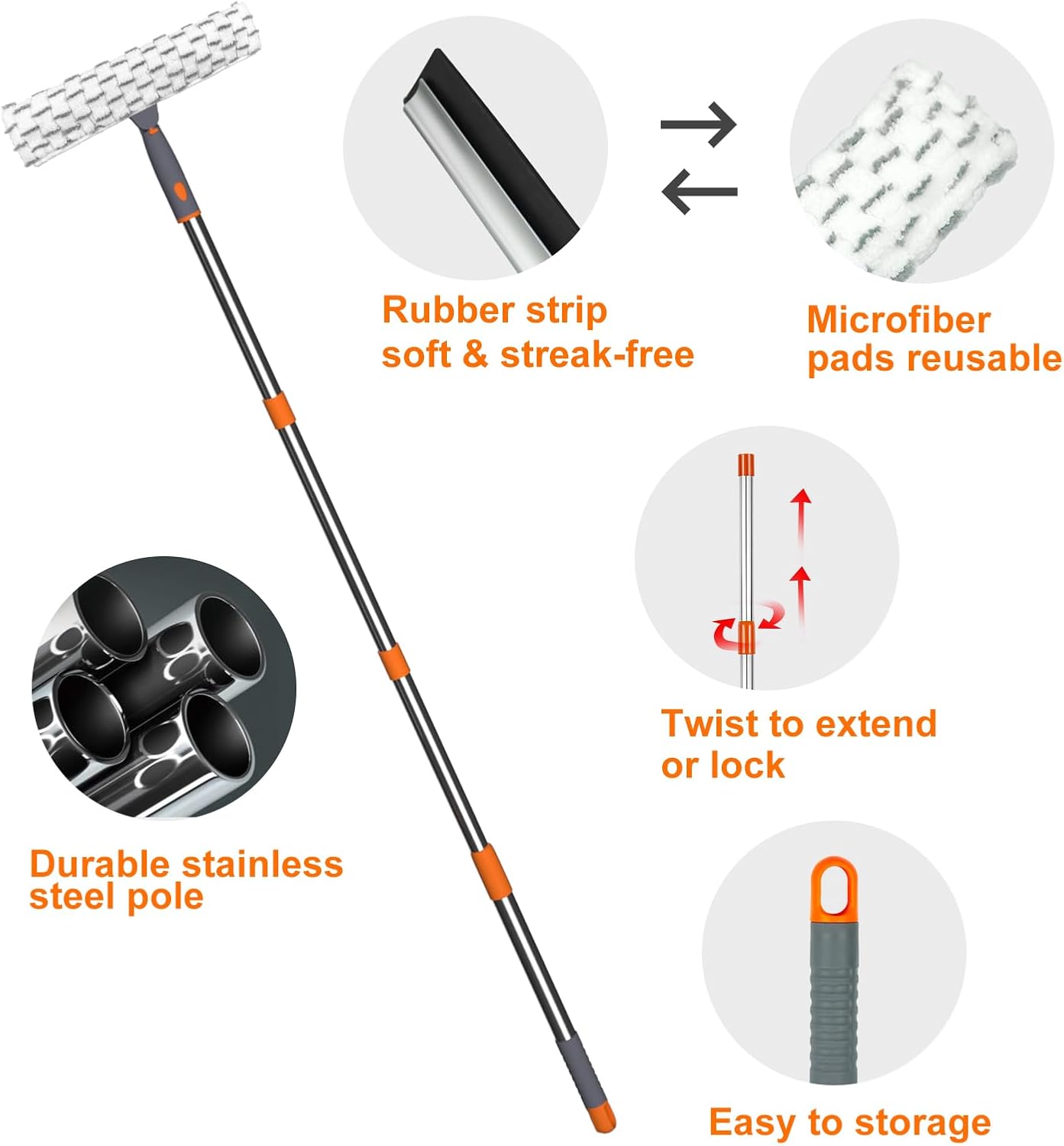 ITTAHO Squeegee for Window Cleaning,12" Squeegee and 11" Microfiber Scrubber Combi with Stainless Steel Pole,Extendable Window Cleaner for Car,Sliding Door,Shower Glass Door-Swivel Style-2 Pads