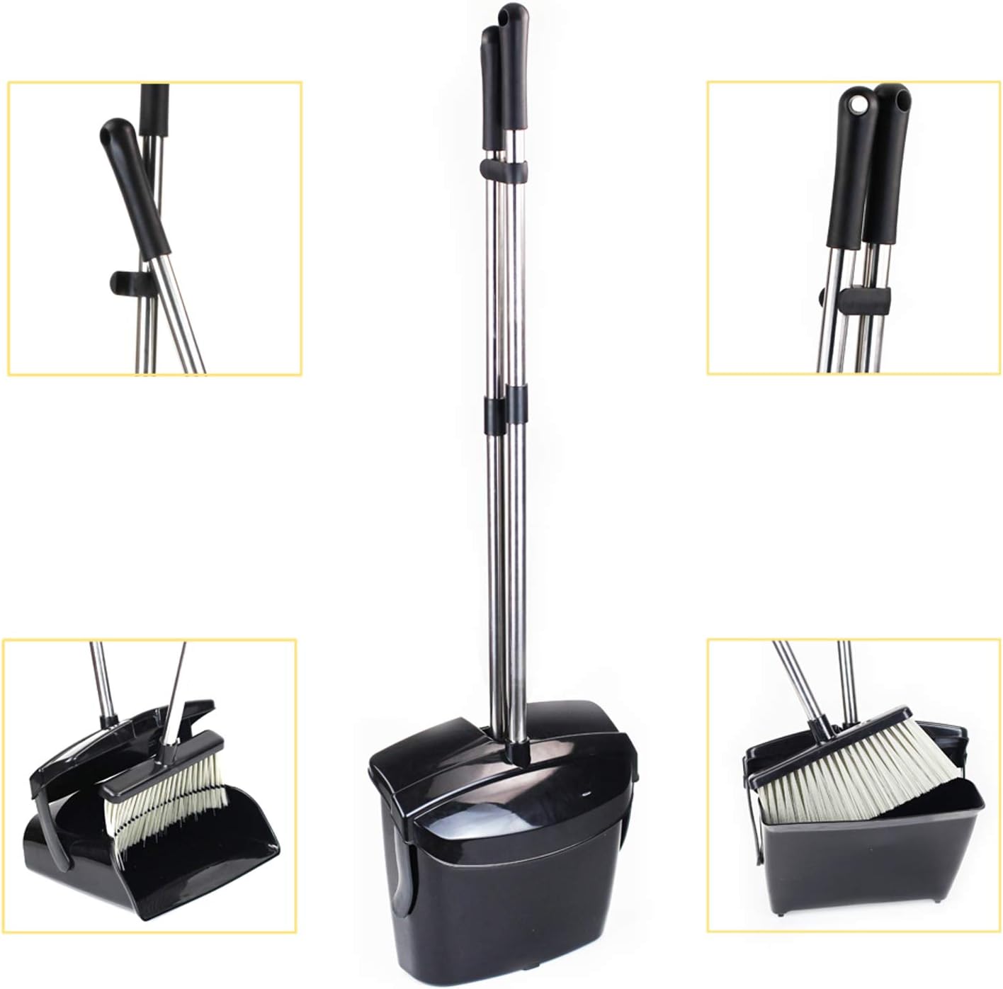 Broom and Dustpan Commercial Long Handle Sweep Set and Lobby Broom Upright Grips Sweep Set with Home Kitchen Room Office and Lobby Floor Black