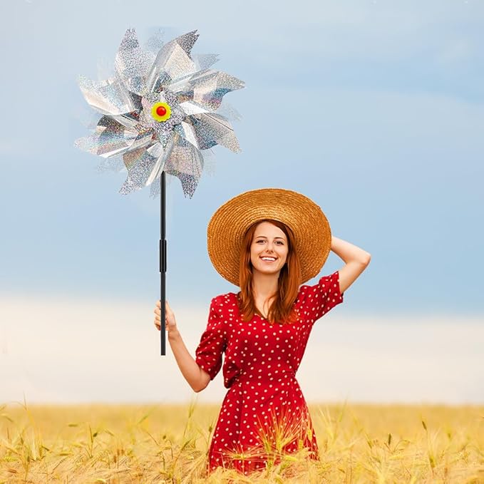 Sparkly Reflective Pinwheels with Stakes, Wind Spinners Outdoor Bird Scare Devices, Foil Pin Wheel Holographic Whirl Windmill for Yard Garden Decor Garden Wind Spinner 6 Packs - Silver