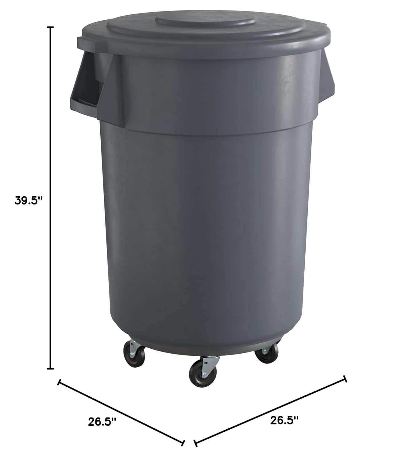 55 Gallon Gray Round Commercial Trash Can with Lid and Dolly