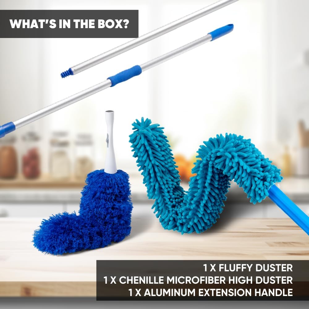 Extendable Duster - Microfiber Duster Kit: Ceiling, Fans, Baseboards, Cob Webs, Telescoping, Reusable & Washable, Feather & Chenille Dusters, 6ft. Adjustable Handle