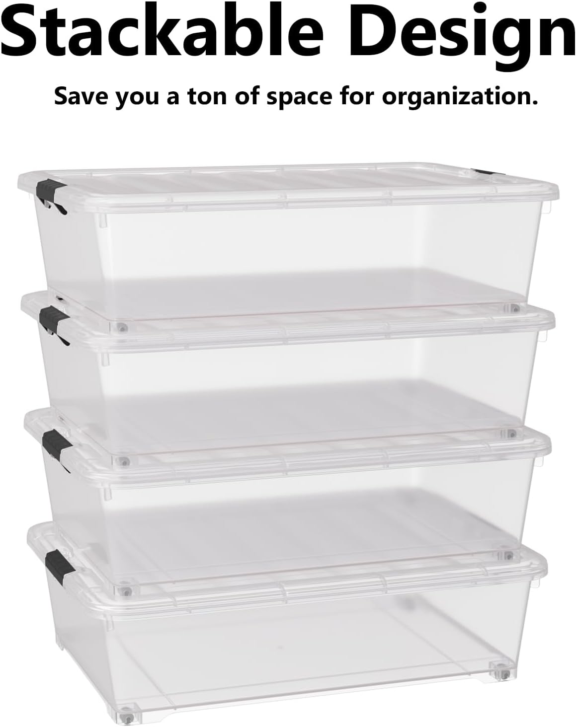 50 Quart Multipurpose Under Bed Storage Container Bins with Secure Latch Lid & Wheels, Underbed Storage Organizer Box, 3-Pack, Clear