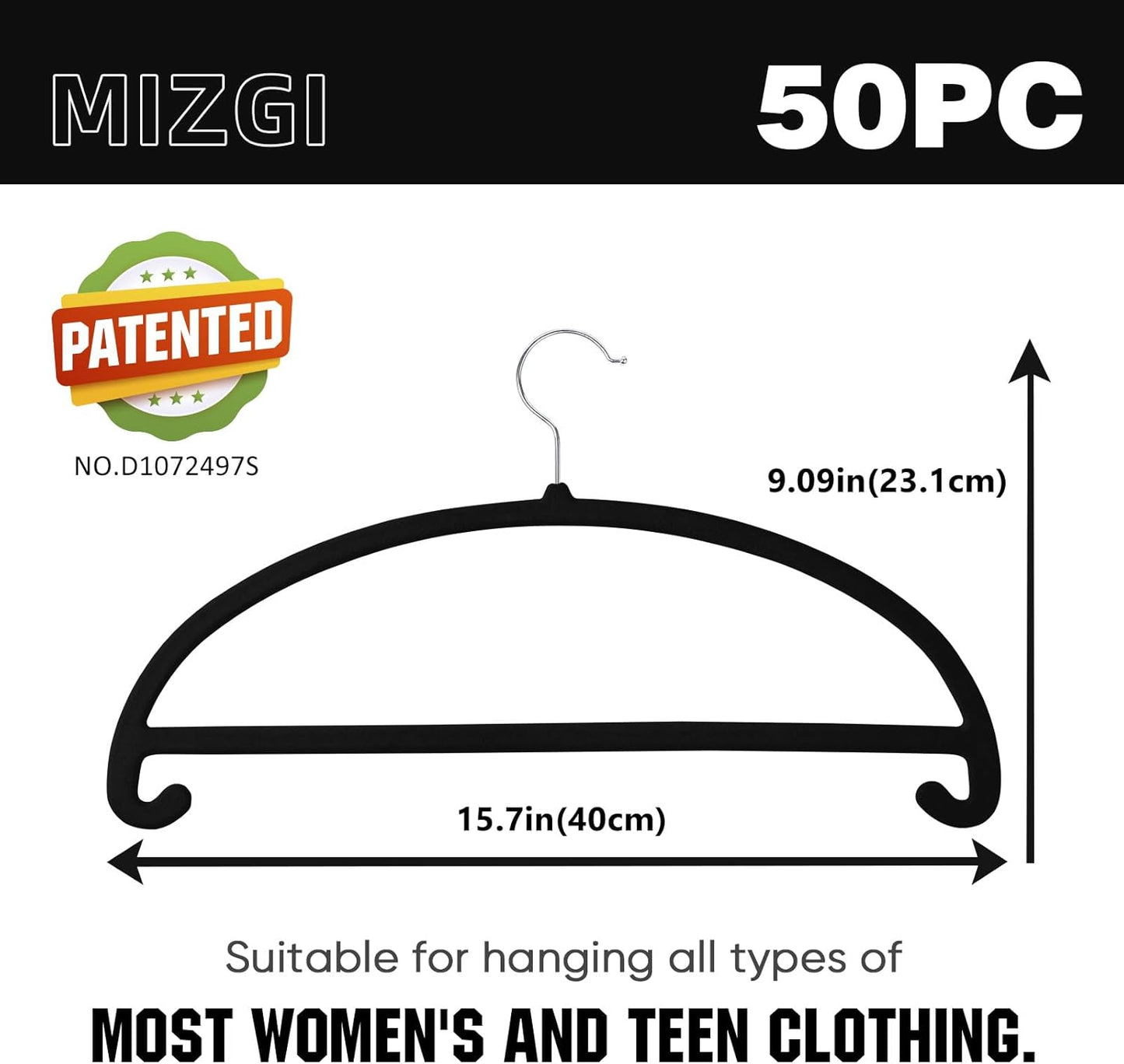 MIZGI 50 Pack Black Velvet Hangers - No Shoulder Bumps, Heavy Duty Non-Slip Chrome Hooks for Jackets, Coats, Pants