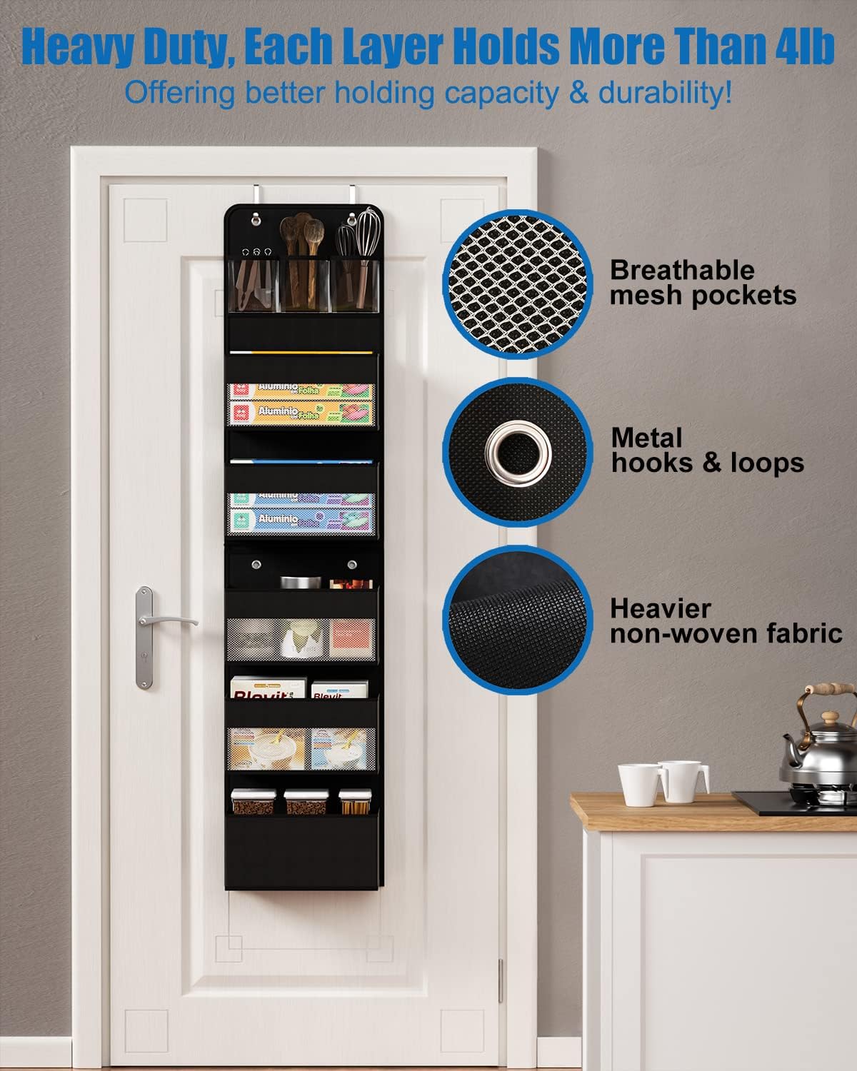 Over Door Organizer, 6 Shelf Camper Storage for RV Bathroom, Behind The Door Storage, Hanging Organizers for Toy Diaper Bedroom Closet (Black)