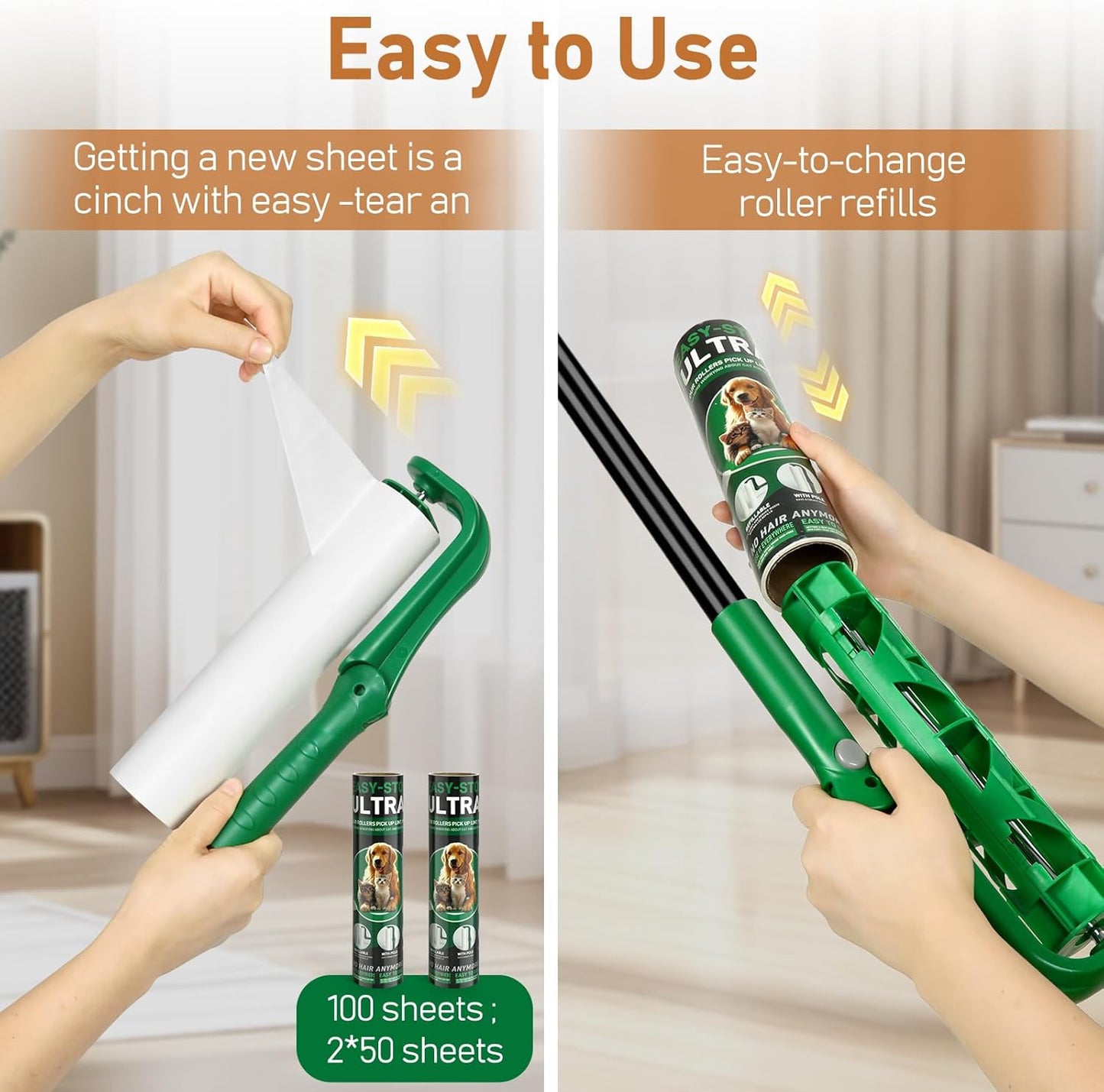 10" Large Lint Roller for Pet Hair Extra Sticky, Long Handle Floor Sticky Rollers with Big Lint Roller Refills for Cleaning Carpets, Cars, Furniture,Clothing, and Pet Hair,Green