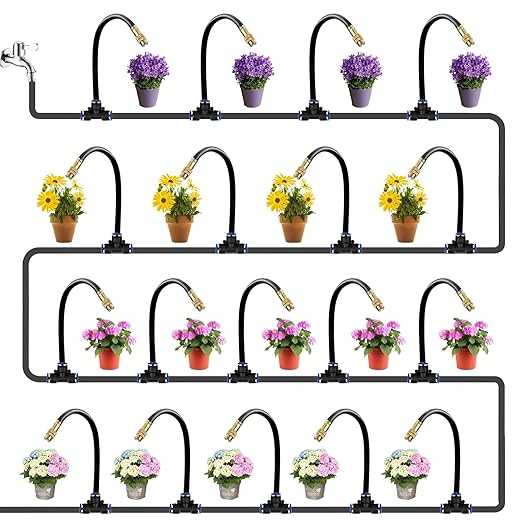 80Ft Drip Irrigation System for Garden – 360° Bendable Automatic Watering Kit with 18 Adjustable Nozzles, Misting Hose for Greenhouse, Lawn, Yard & Plants (80 FT)