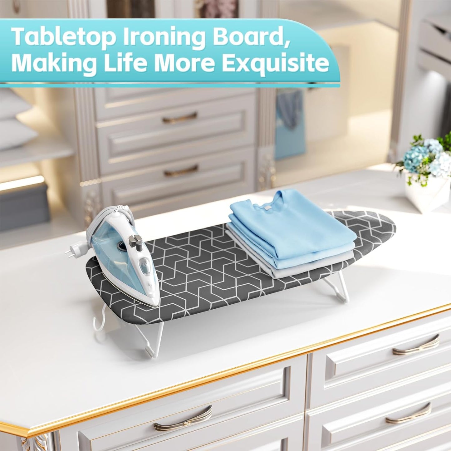 Small ironing board tabletop with heat resistant cover, Compact mini ironing board with metal mesh frame, For dorms, aprtment and travel, Hook for hanging, Iron board 30x12, Iron table stand dark gray
