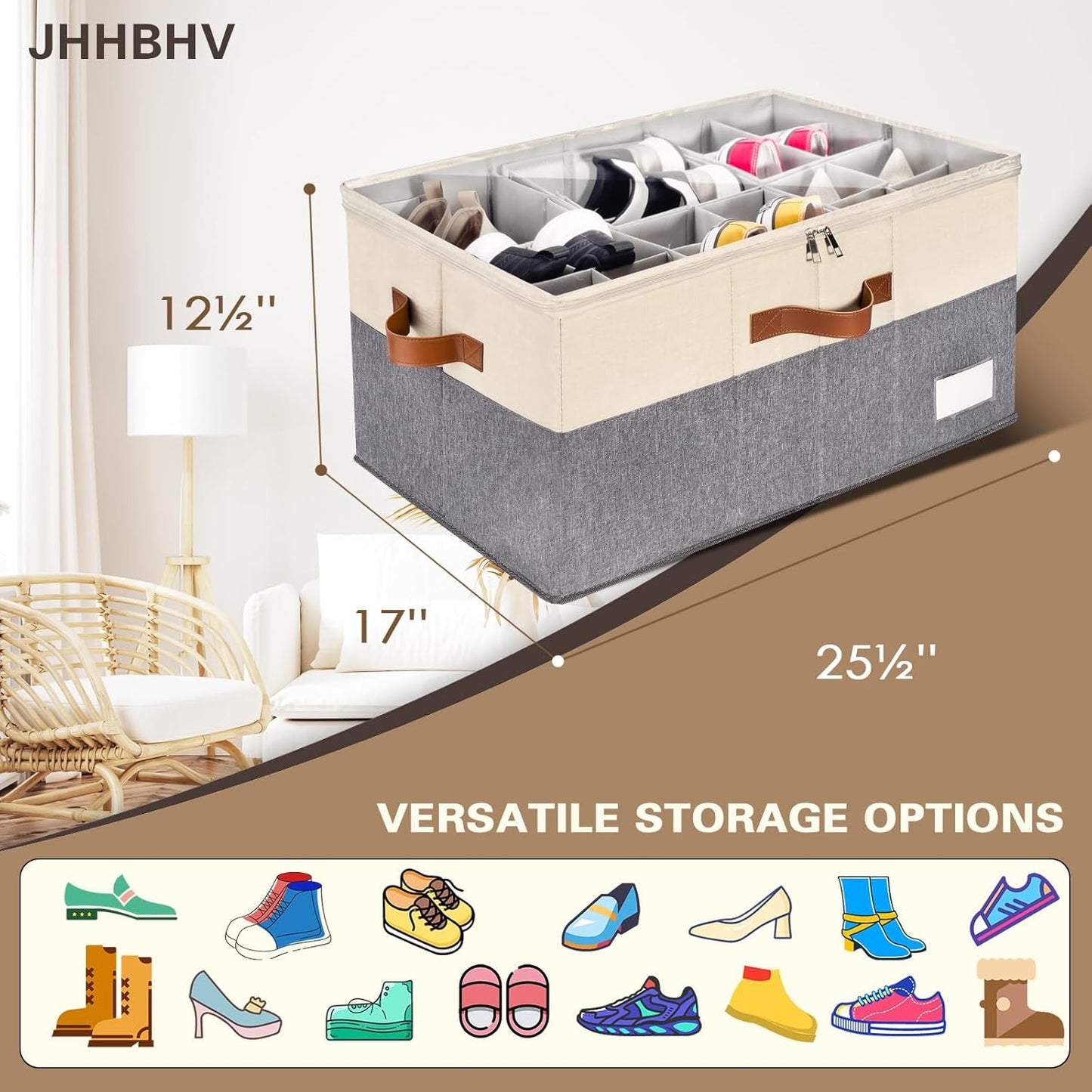 1 Pack Shoe Organizer for Closet, Adjustable Shoe Box Storage Containers, Large Foldable Shoe Bins with Clear Cover, Space Saving Shoes Holder with 4 Handles, Fits 12-24 Pairs, Beige