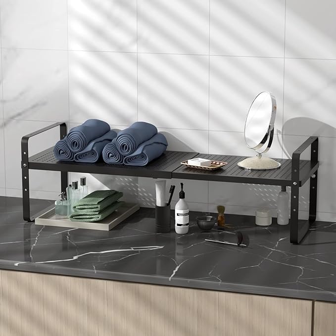 Expandable Kitchen Cabinet Shelf Organizer Rack Heavy Duty Metal Spice Rack Stackable Kitchen Counter Storage Shelf for Kitchen Cabinet Pantry Bathroom (Black - 16.5"-27" L x 8" W x 9.6" H - 3Pack)