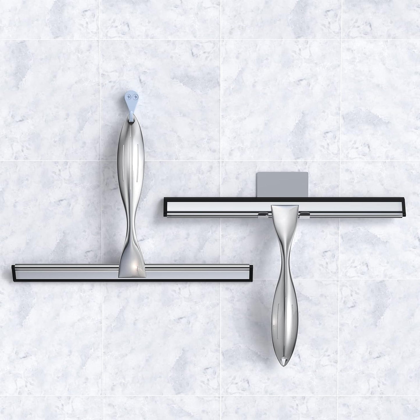 Shower Squeegee Set, 10-Inch Stainless Steel Squeegee for Bathroom, Shower Doors, Mirrors, Tiles, and Car Windows - 100% Streak Free, Includes Shower Door Hook, Adhesive Hook and Spare Silicone Blade