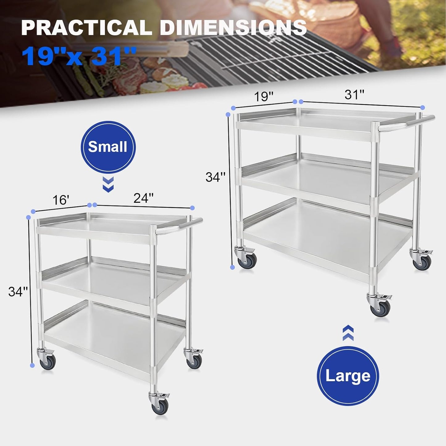 3-Shelf Stainless Steel Rolling Utility Cart - Heavy-Duty Metal Mobile Storage with Handle & Locking Wheels - Ideal for Kitchen, Medical, Lab, Restaurant & Home Use (19''x31''x34'')