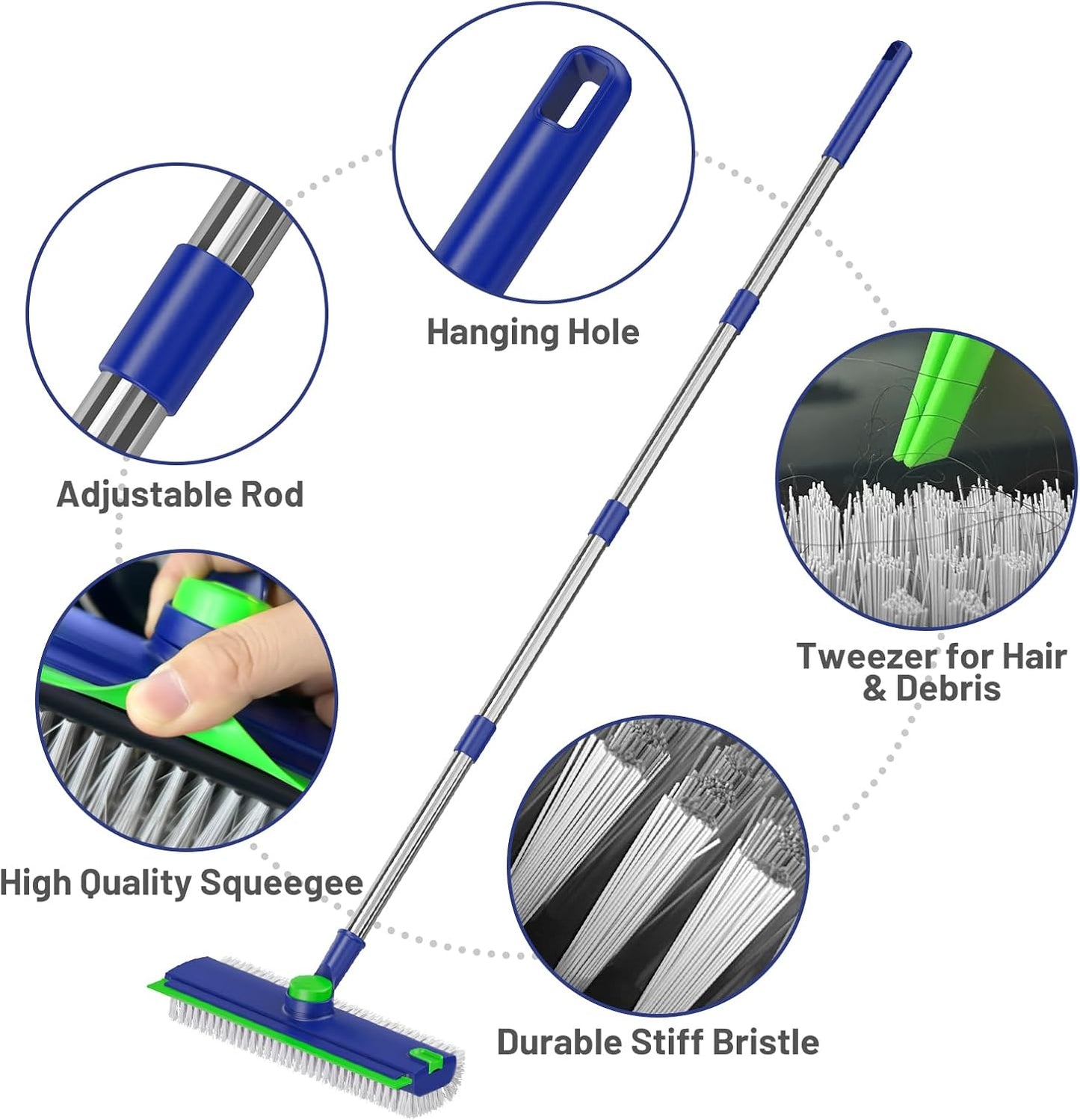 Floor Scrub Brush with Long Handle: 3 in 1 Heavy-Duty Floor Scrubber Brush with Squeegee for Cleaning Tile Bathroom Deck Kitchen Patio