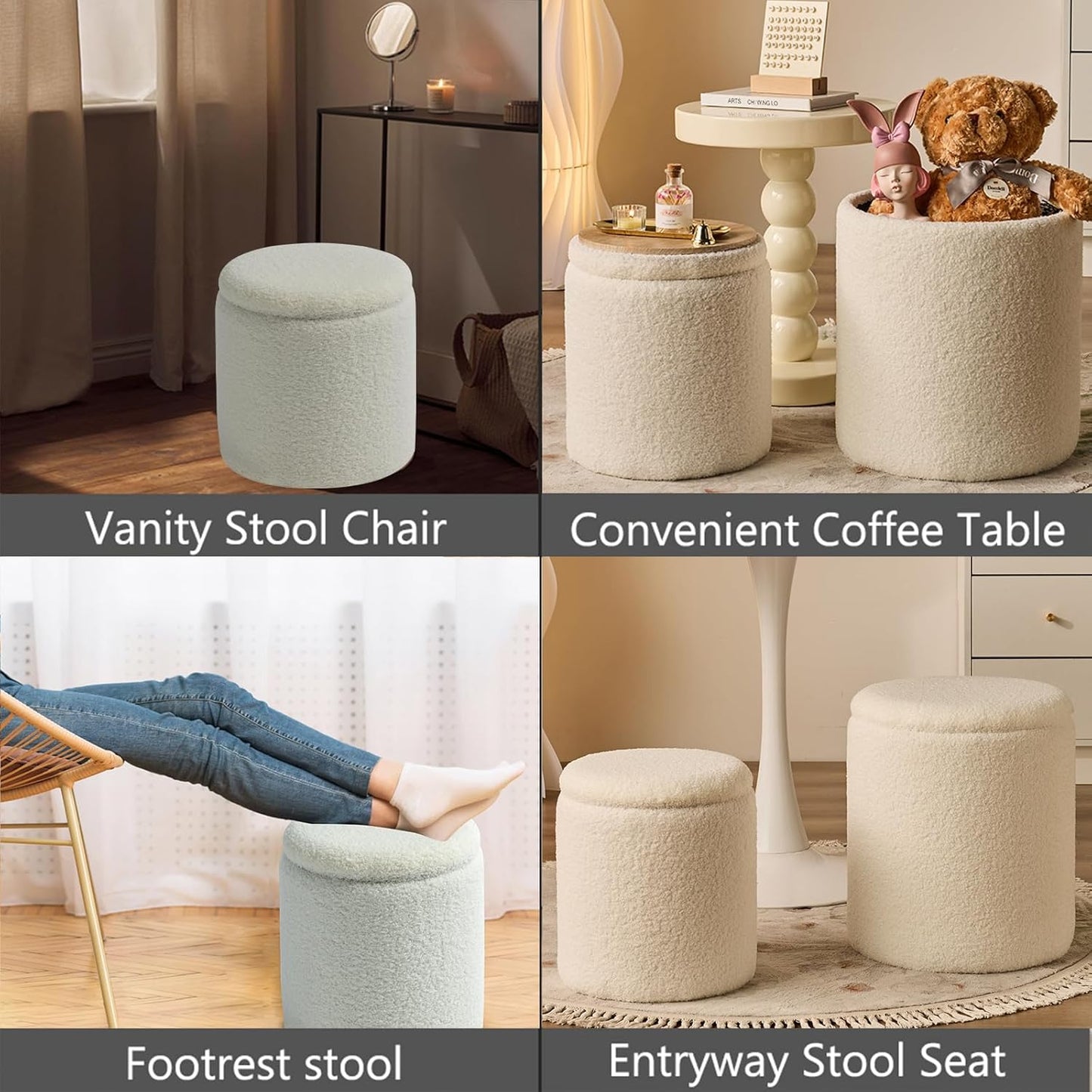 Round Ottoman with Storage Set of 2-Upholstered Sherpa Vanity Stool for Makeup Multifunctional Ottomans Coffee Table Padded Seat Foot Rest for Living Room&Bedroom(Sherpa White)