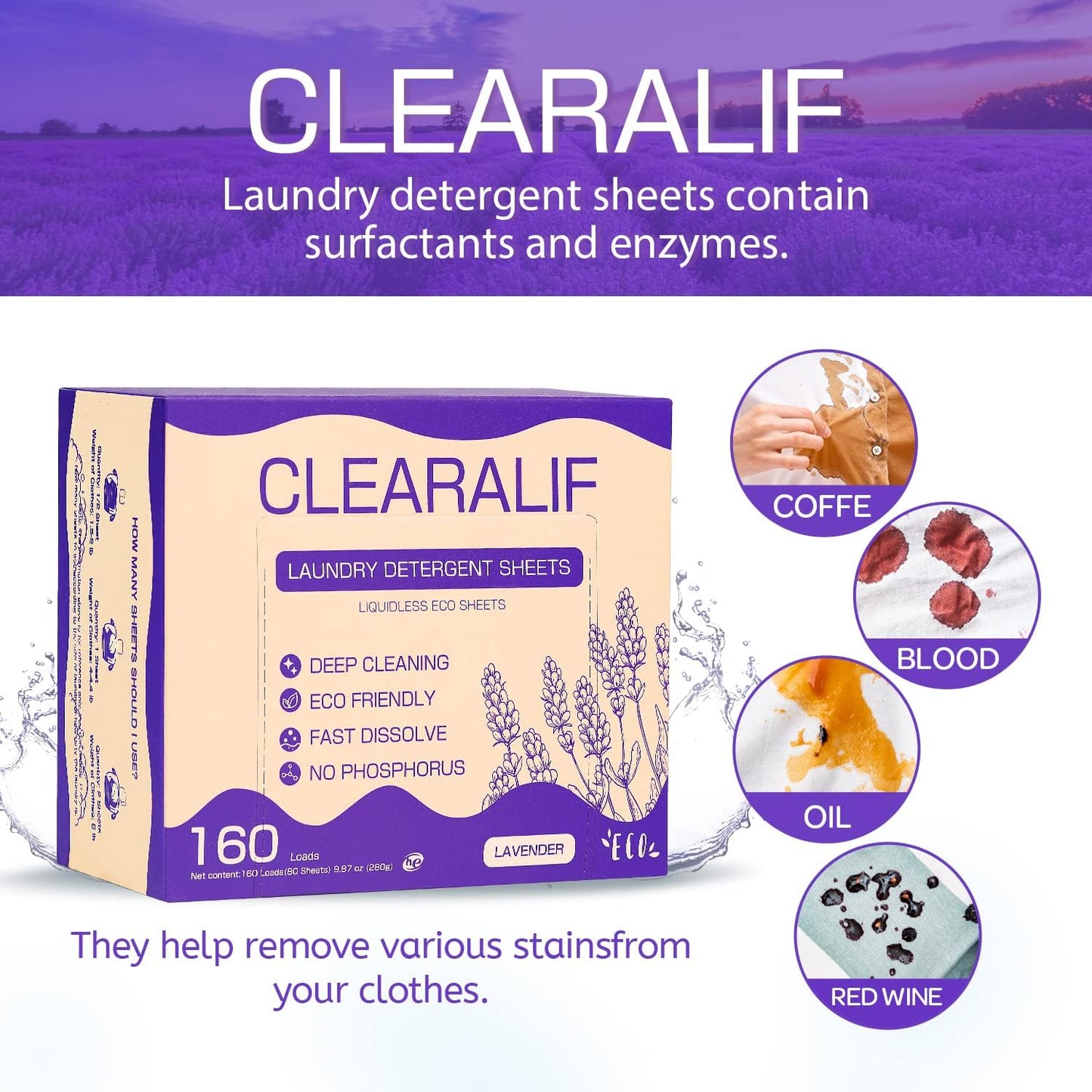 CLEARALIF Laundry Detergent Sheets 80 Sheets (Up to 160 Loads), Lavender - Great For Apartments, Dorms,Eco Friendly