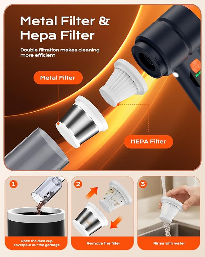 Car Vacuum Portable Cordless, Handheld Vacuum Cordless with 30000PA Suction, 130000RPM, 6800mAh Battery, 10 Nozzles, Rubber Paint Material for Car, Home, Pet Cleaning(Black Orange)