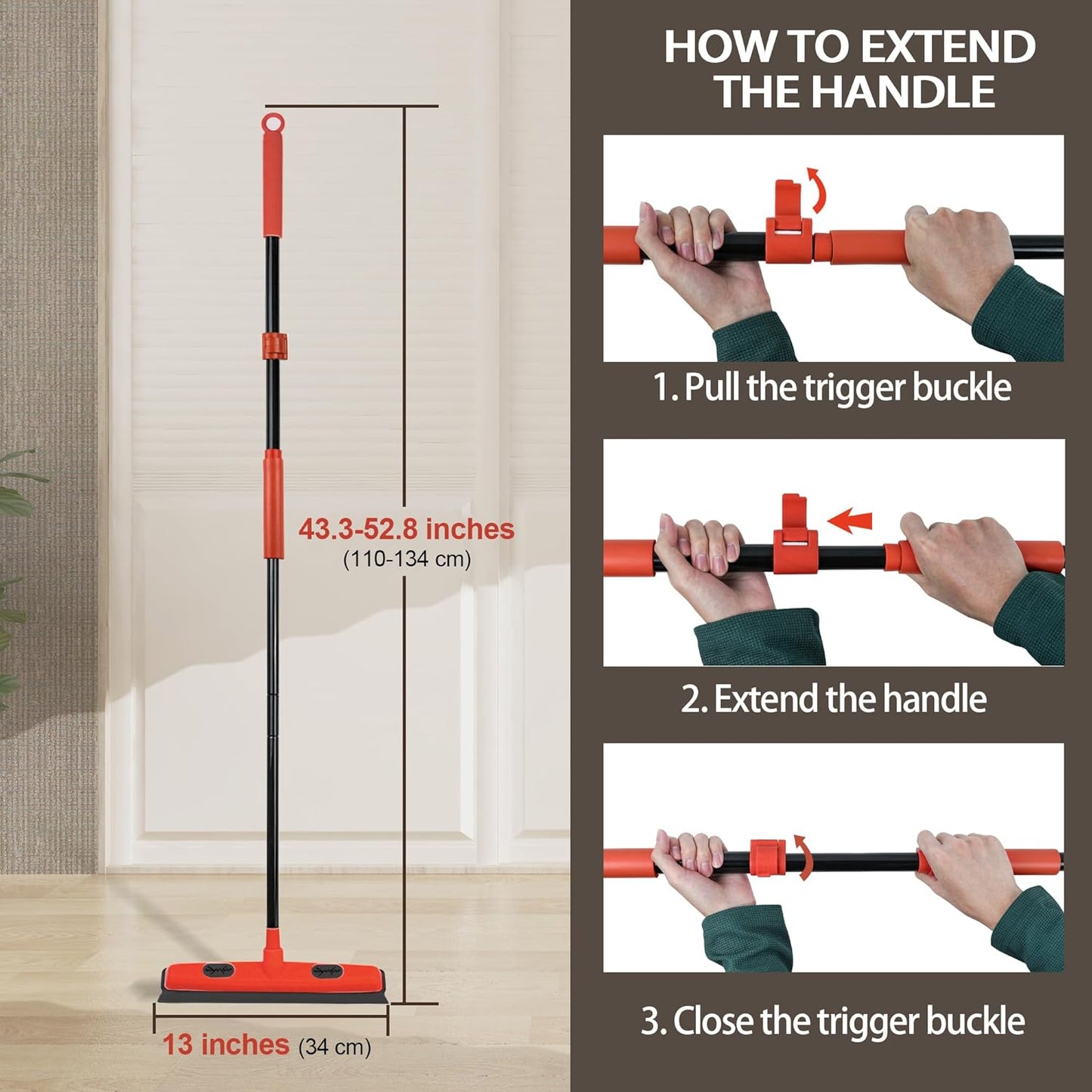 JEHONN Rubber Broom Carpet Rake Brush for Pet Hair with Squeegee, 52.8 inches Long Handle Silicone Fur Scraper Removal Tool with Detailing Lint Comb for Rug, Tile, Hardwood Floor Cleaning (Red)