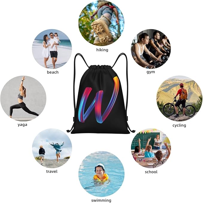 Drawstring Bags Initial Drawstring Backpack Sackpack Black Draw String Cinch Bags for Sports, Gym, Travel, Swimming, Beach, Camping, Rainbow Letter W