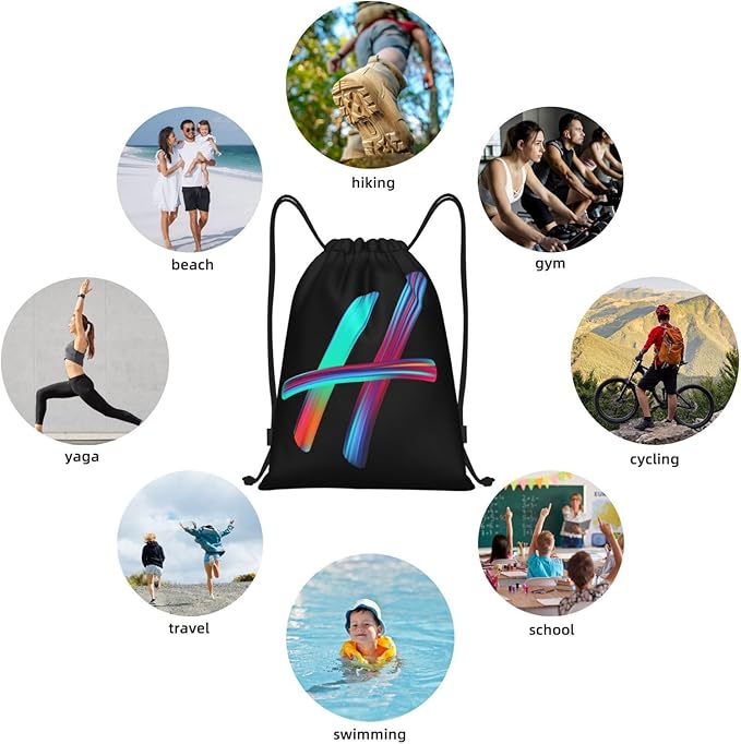 Drawstring Bags Initial Drawstring Backpack Sackpack Black Draw String Cinch Bags for Sports, Gym, Travel, Swimming, Beach, Camping, Rainbow Letter H