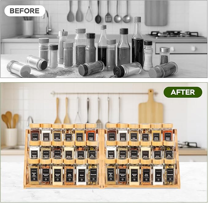 3 Tier Bamboo Spice Rack Organizer with 18 Spice Jars, 780 Labels, Wood Shelf, Chalk Marker and Funnel Set for Cabinet Kitchen Countertop, Empty 4 oz Glass Jars