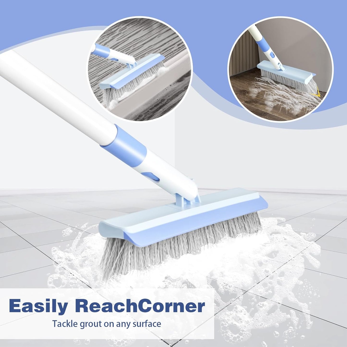 Floor Scrub Brush and V-Shape Grout Brush with Long Handle 3 in 1 Replaceable Head Scrape Brush Stiff Bristle with Swivel Head for Cleaning Tiles Hardwood Floors Patios Blue