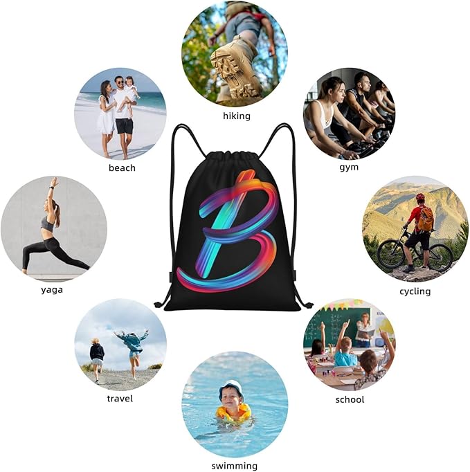 Drawstring Bags Initial Drawstring Backpack Sackpack Black Draw String Cinch Bags for Sports, Gym, Travel, Swimming, Beach, Camping, Rainbow Letter B