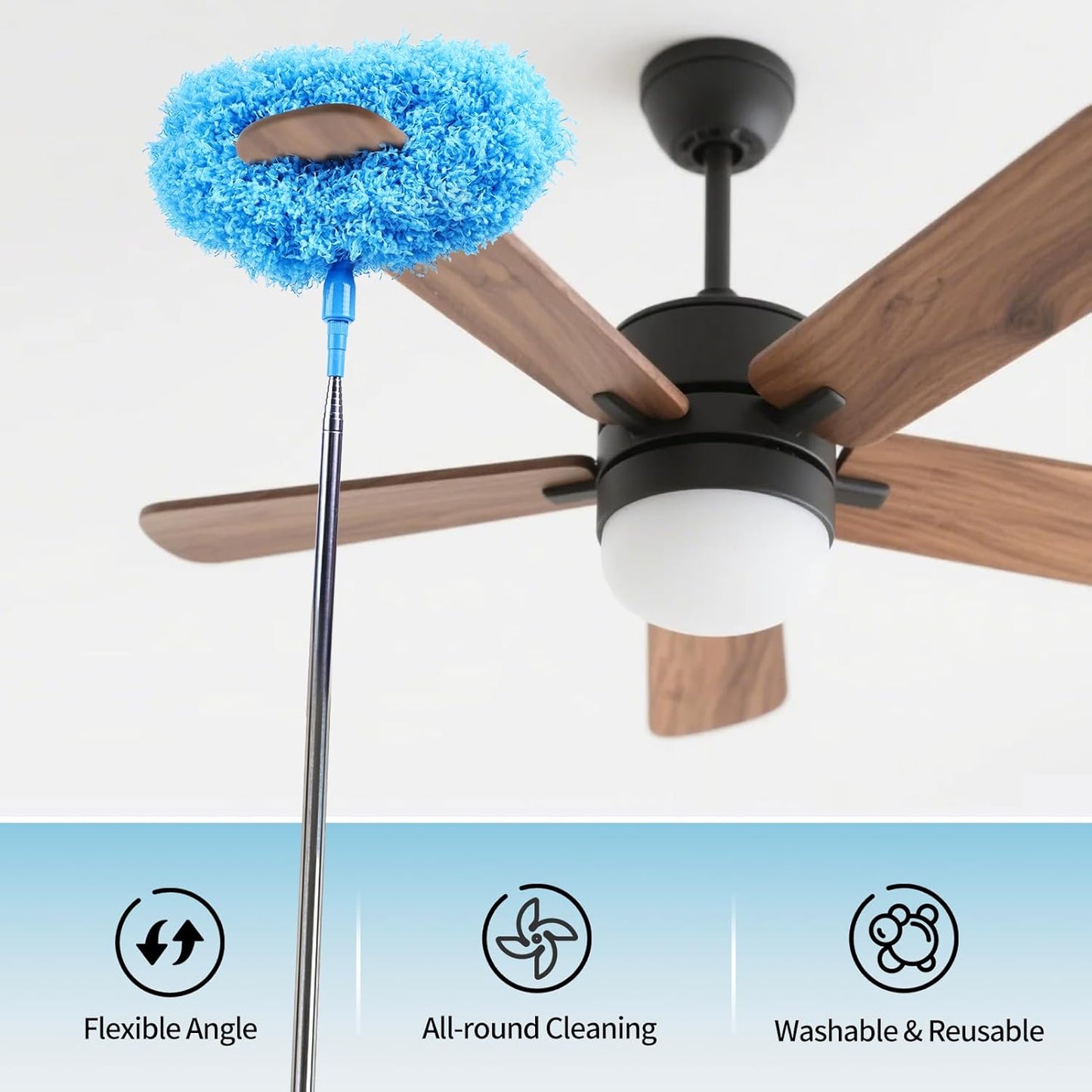 Ceiling Fan Cleaner Duster Reusable Microfiber Removable Extendable Duster with 95" Telescoping Pole for Cleaning Walls Furniture Door Window Top (Blue)