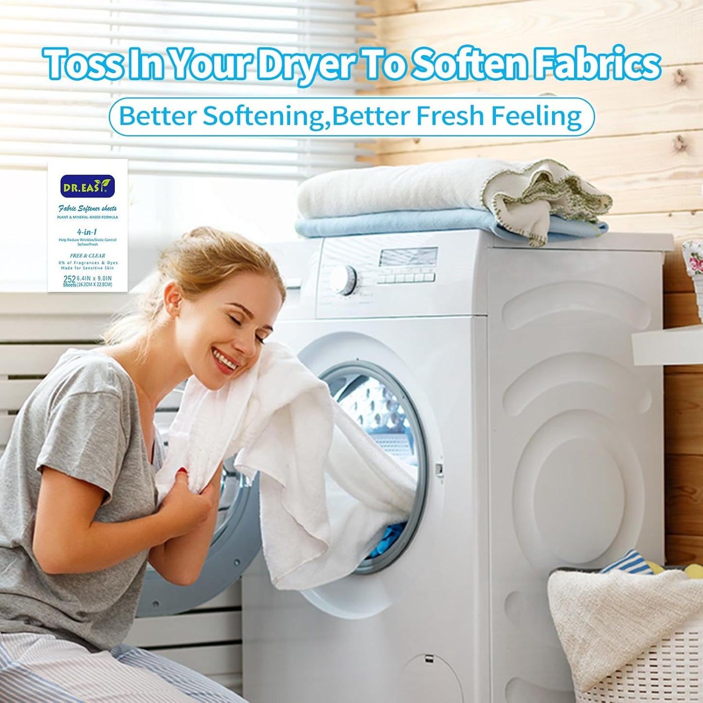 DR.EASY Dryer Sheets Plant Based Formula 252 Ct Fabric Softener sheets for Laundry Free & Clear Essential Oil Scented No Artificial Fragrances No Dyes Reduce Static & Wrinkles Help Repel Pet Hair