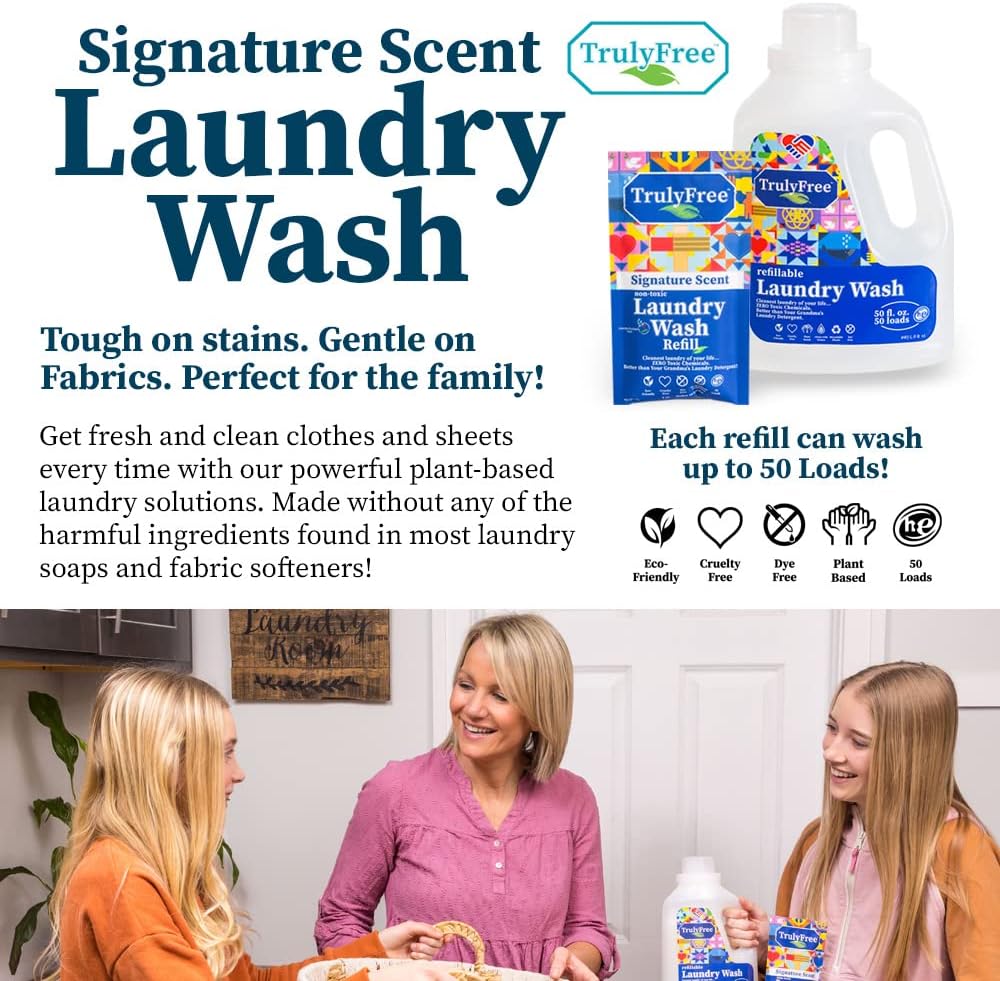 Truly Free Natural Laundry Detergent for Sensitive Skin | Eco Friendly, Plant Based, Baby Clothes Safe | Clean & Easy Powder to Liquid, 6 Pack Refill Detergent, NO Jug | Signature Scent, 300 Loads