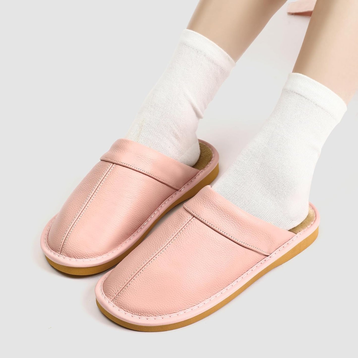 Slippers for Women Men, Genuine Leather Slippers Indoor Outdoor, Fuzzy Bedroom House Shoes for Women Men, Plush Lining Womens Sandals Slip-on