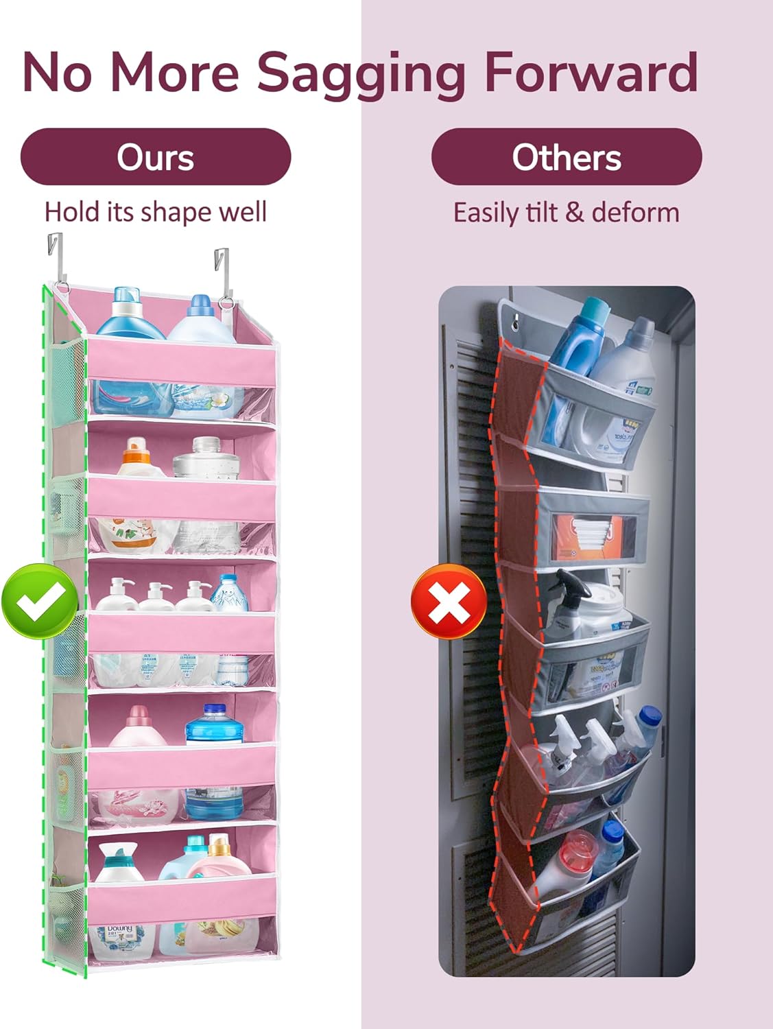 ULG 1 Pack Over Door Organizer with 5 Large Pockets 10 Mesh Side Pockets, 44 lbs Weight Capacity Hanging Storage Organizer with Clear Window Kids Toys, Shoes, Diapers, Pink