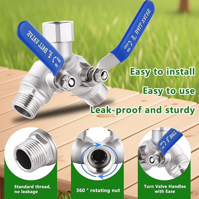 Lead-free Hose Splitter 2 Way Heavy Duty ,304 Stainless Steel Garden Hose Splitter with Long Handle,Outdoor Full Flow Y Valve ,3/4 Inch GHT Thread
