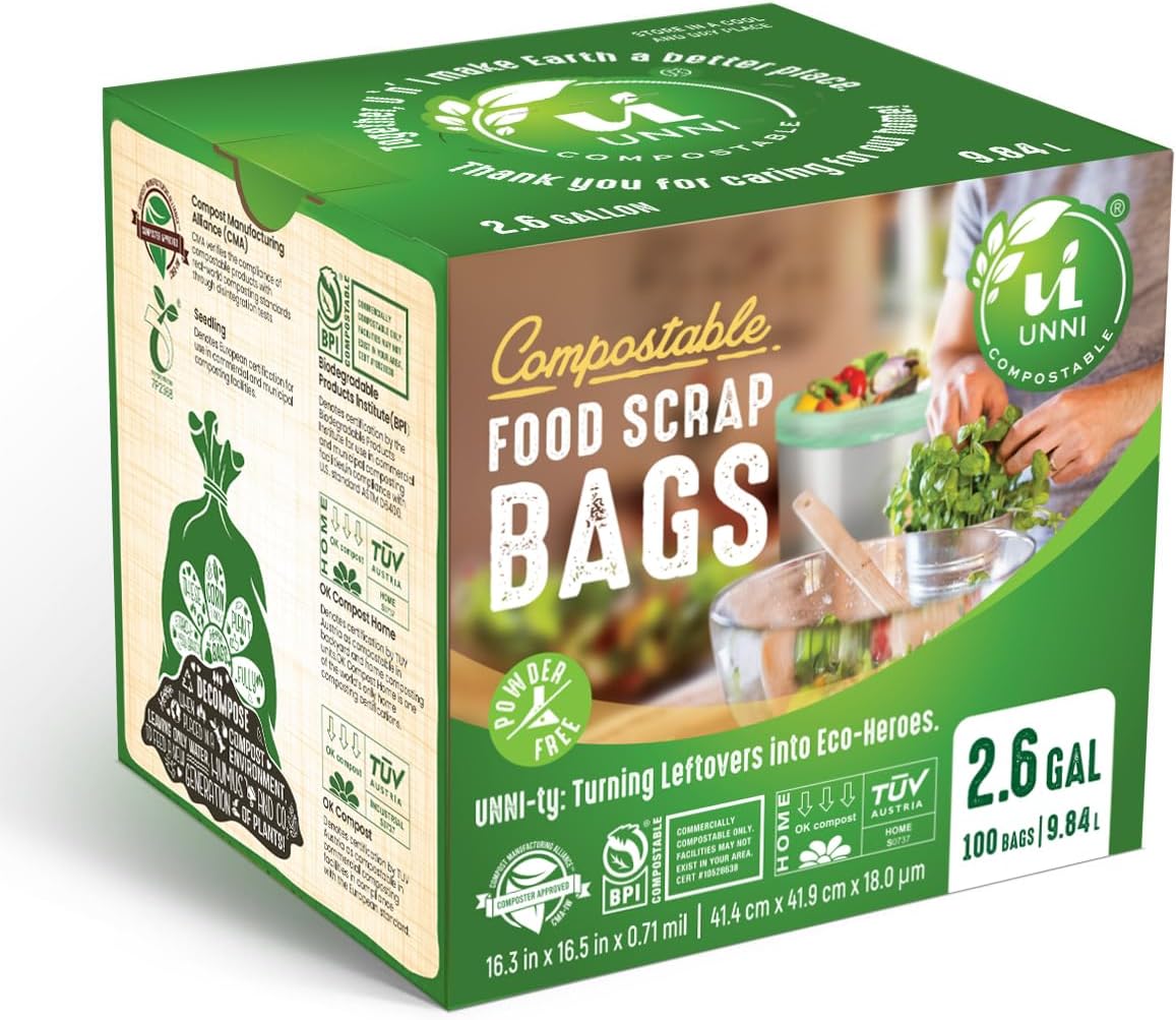 UNNI Compostable Trash Bags, 2.6 Gallon / 9.84 Liter, 200 Count, Extra Thick 0.71 Mil Small Kitchen Food Scrap Bin Liners, Certified by BPI, CMA & OK compost HOME, Meets the ASTM D6400 Standard