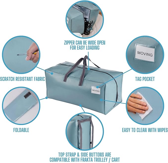 VENO 10 Pack Moving Bags w/Backpack Straps, Heavy Duty, Moving Boxes Alternative, Packing Supplies, Large Storage Totes for Dorm Room Essentials with Zipper for Clothes (Shiny Light Blue, 10 Pack)