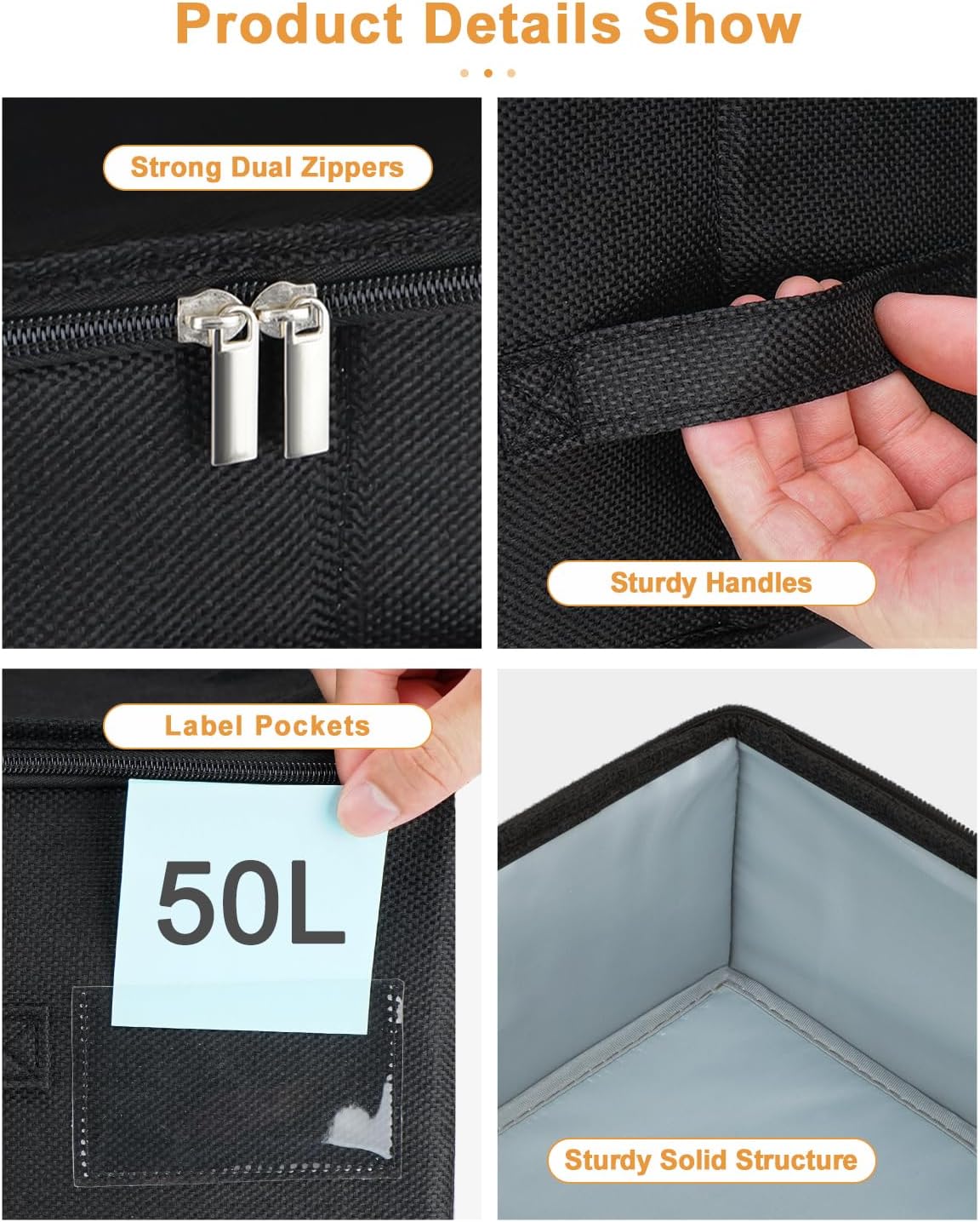 Under Bed Storage Container, 3 Pack Underbed Storage Bags With Lid, Foldable Sturdy Clothes Storage Organizer W/ 3 Handles, Ultra Thick Fabric Blanket Shoe Storage Box, 30x15x6.7inch, Black, 50L