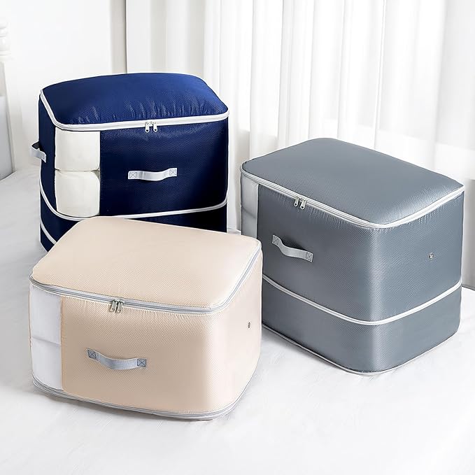 Comforter Storage Bag - 130L Large Capacity Blanket Storage Bags 3-Layer Ultra Space Saving Self Compression Organizer, Washable Compression Bags for Storage Comforter Blanket, 6-Pack, Beige