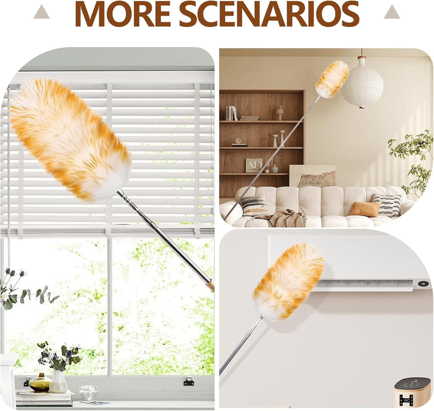 Lambswool Duster for Cleaning with Solid Wooden Handle Leather Hang Strap 87.8" Removable Retractable Feather Duster for Cleaning Ceiling Fans Window Blinds Interior Roof Furniture(2 Pack)