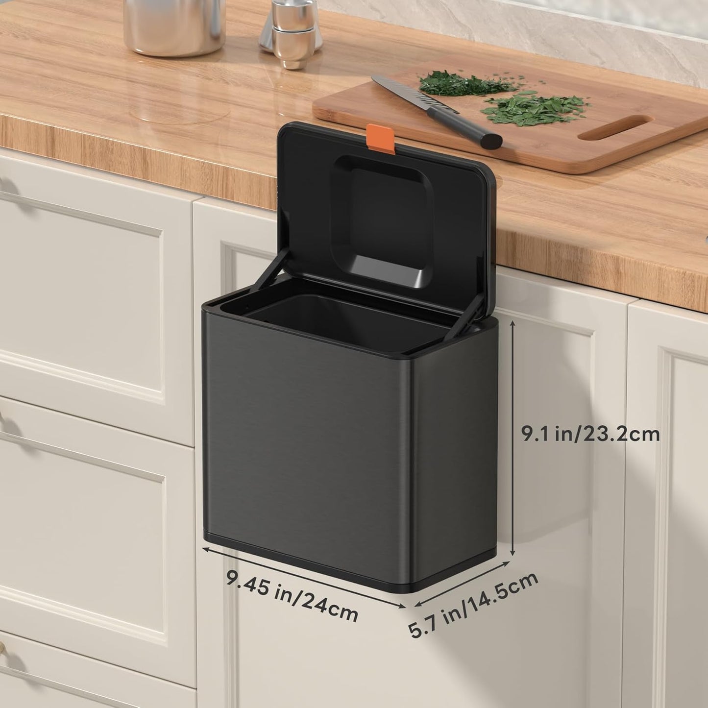 Mbillion Kitchen Compost Bin Hanging Trash Can with Lid 1.05 Gallon Stainless Steel Garbage Can for Kitchen Cabinet Door Mounted Trash Can Under Sink Door RV Bathroom,Brushed Black