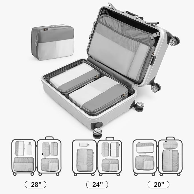 5 Set Compression Packing Cubes for Travel, Space Saving Luggage Organizer Bags (Silver)