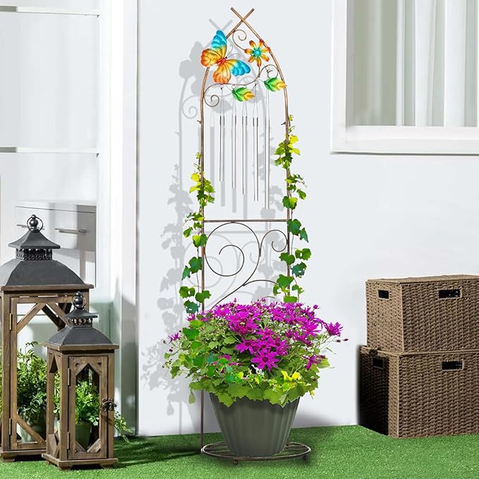 Garden Trellis with Plant Stands, 48” Metal Detachable Butterfly Plant Pot Trellis with Wind Chimes for Climbing Plants Outdoor Lawn Patio Porches Decor