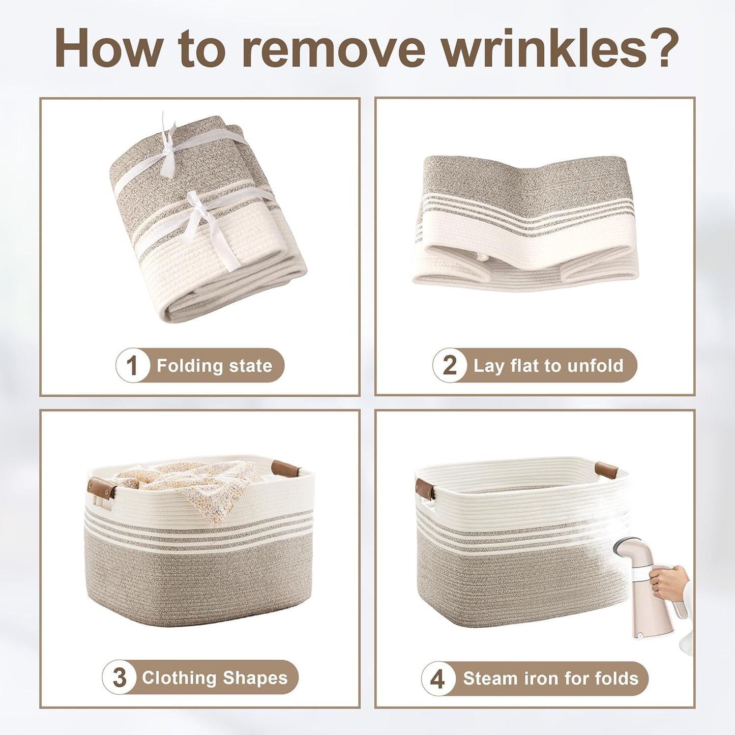 45L Small Laundry Basket with Leather Handles for Living Room Storage, Woven Rope Baskets Bin for Blanket, Kids Toy, Gifts, Wicker Hamper for Bedroom Dirty Clothes, 18"x14"x11" Khaki