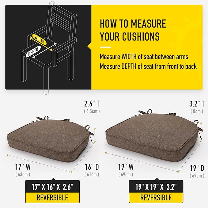 SUNROX Gel Memory Foam Chair Cushions, FadeShield Water-, Stain-Resistant Durable Reversible Seat Cushion Pads with Ties for Indoor/Outdoor Kitchen Dining Office 17"x16" Set of 2, Heather Chestnut